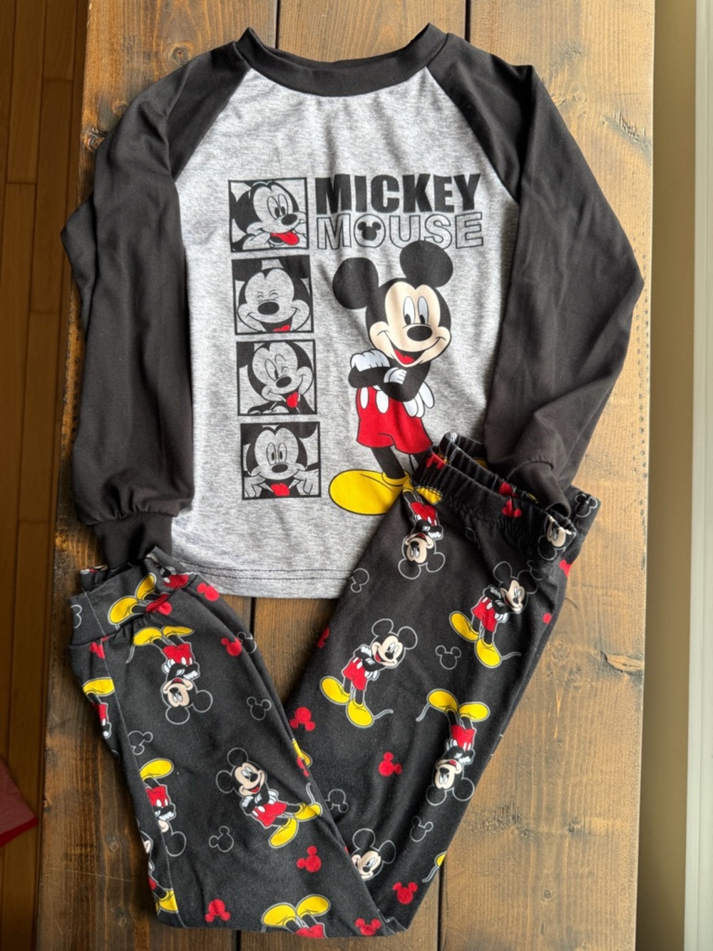 Disney Mickey Mouse Soft Gray & Black Pajama Set with Red and Yellow Accents
